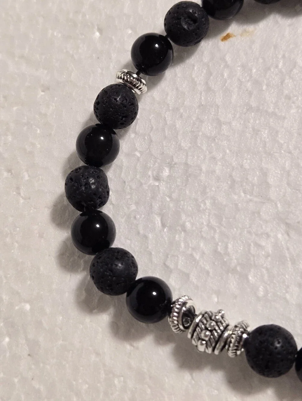 Handcrafted Black Bead Stretch Bracelet with Silver Accent Beads